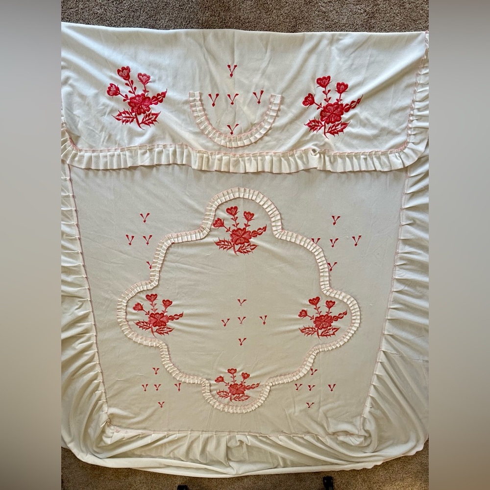 Vintage hand Embroidered Floral Cream and Red Bedspread cottage core ruffled
